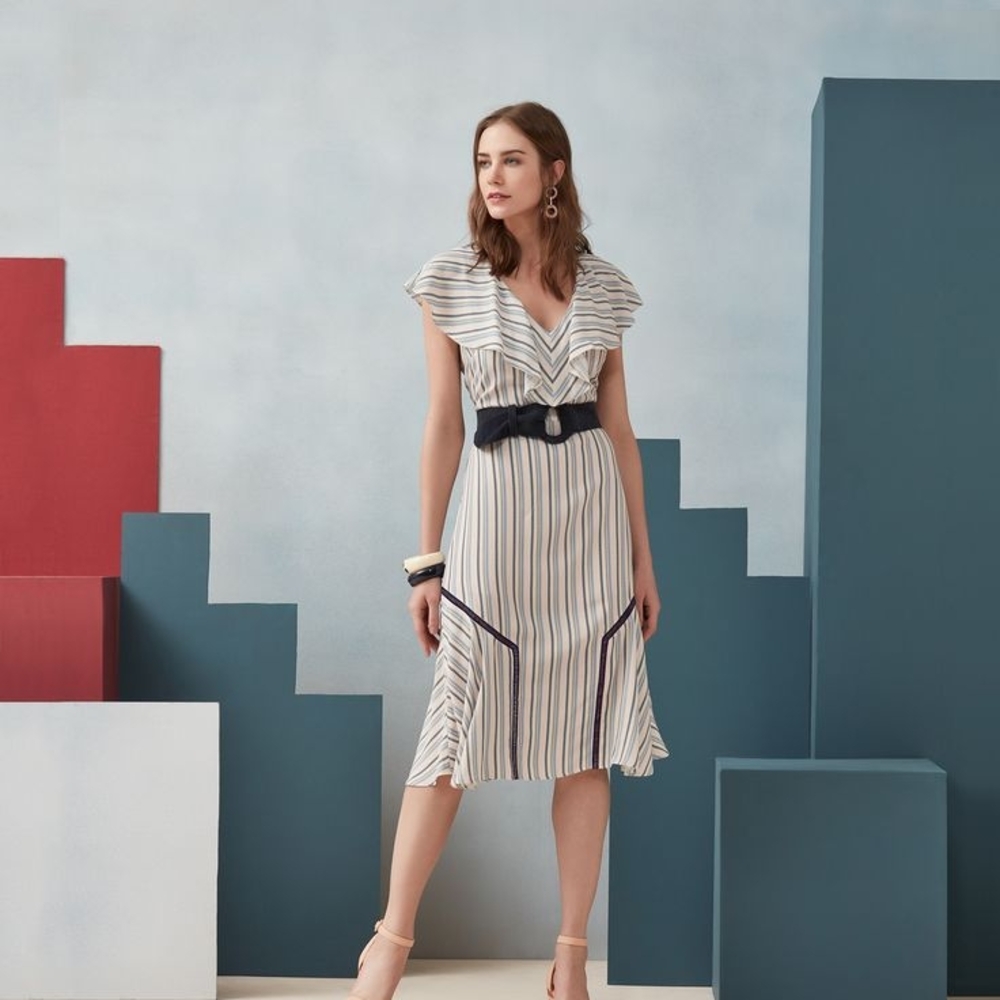 Elegant V-Neck Striped Midi Dress - Cream and Navy